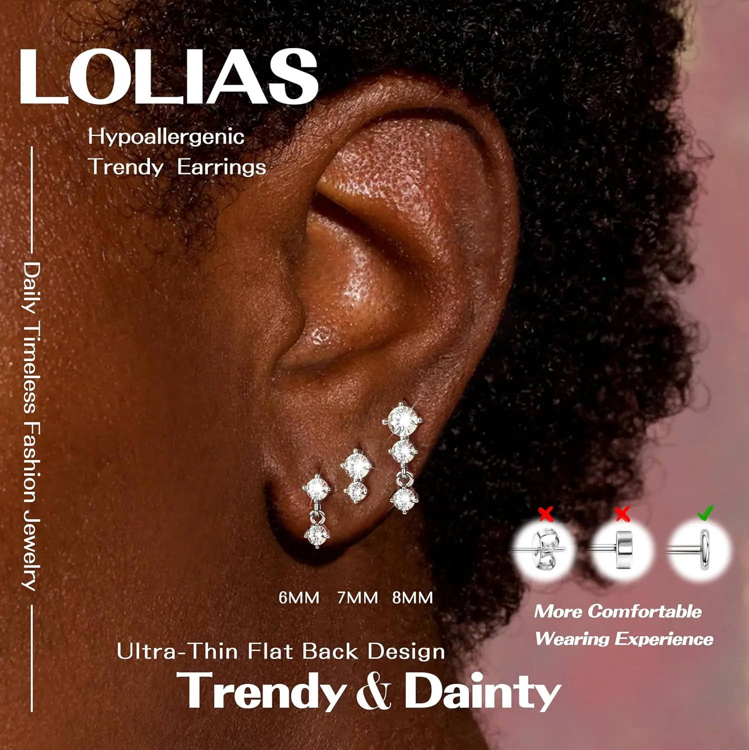 Dainty Flat Back Studs & Dangle Earrings - Hypoallergenic 18G Sets for Multiple Piercing - Birthstone CZ Earrings