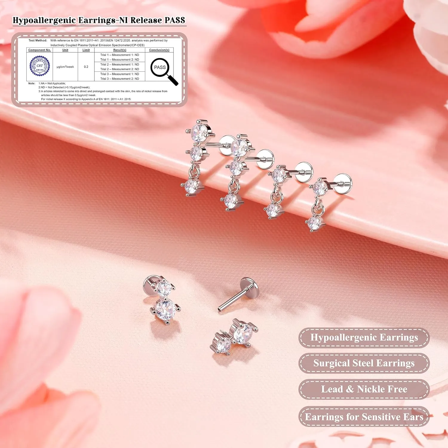 Dainty Flat Back Studs & Dangle Earrings - Hypoallergenic 18G Sets for Multiple Piercing - Birthstone CZ Earrings