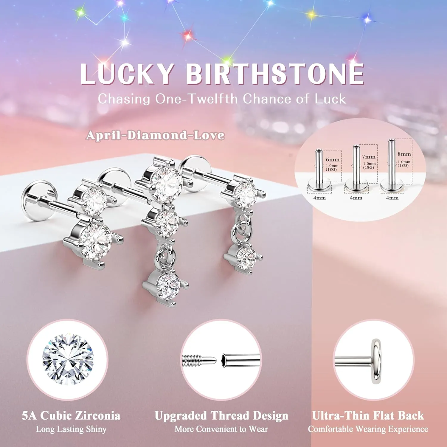 Dainty Flat Back Studs & Dangle Earrings - Hypoallergenic 18G Sets for Multiple Piercing - Birthstone CZ Earrings