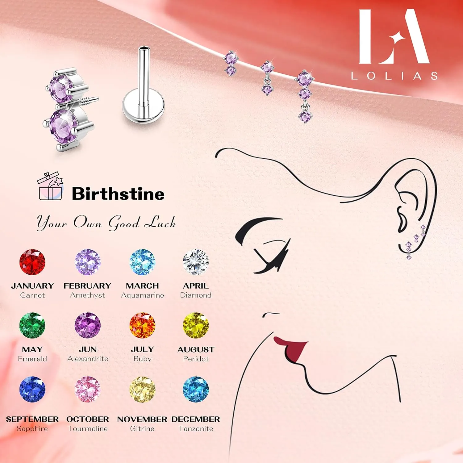Dainty Flat Back Studs & Dangle Earrings - Hypoallergenic 18G Sets for Multiple Piercing - Birthstone CZ Earrings