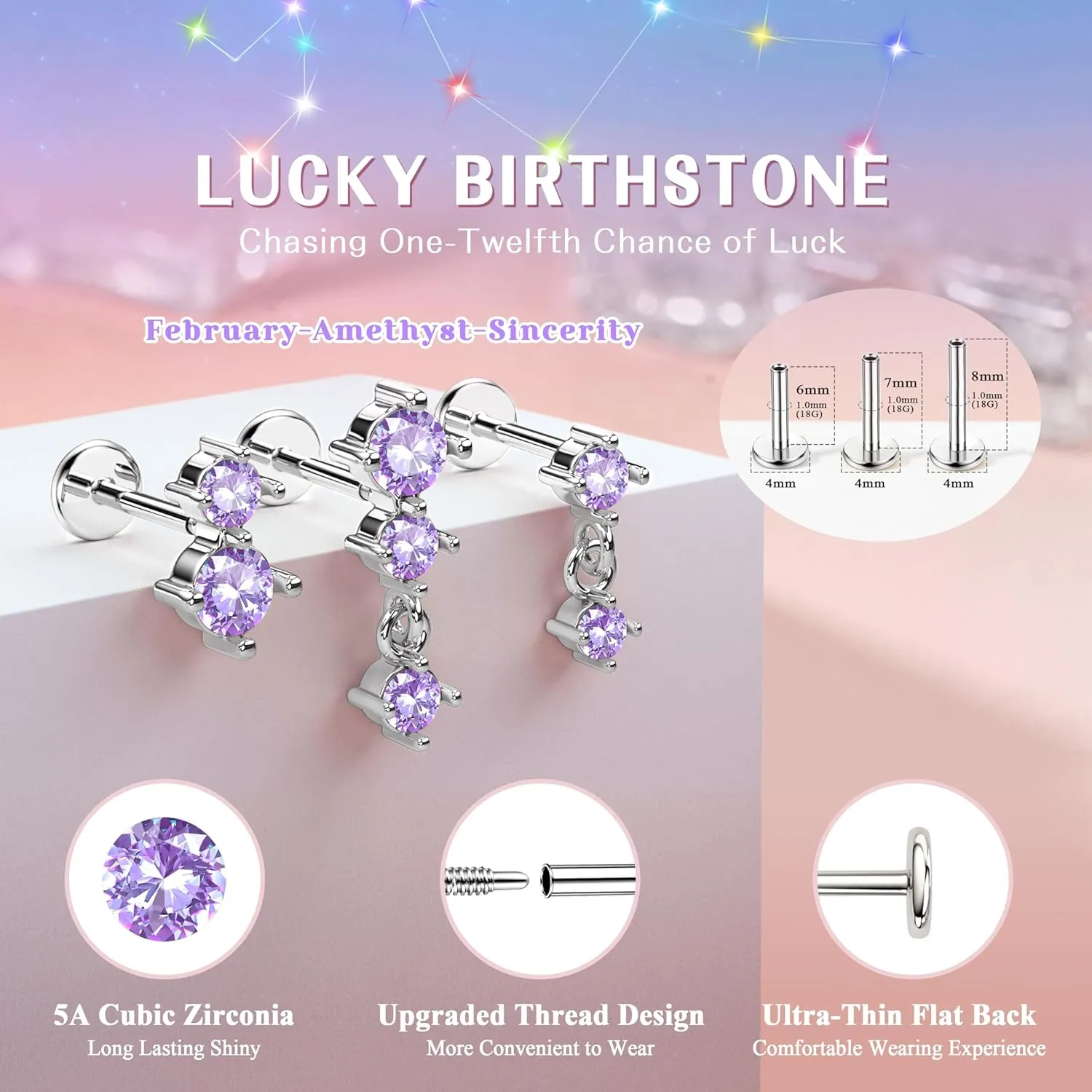 Dainty Flat Back Studs & Dangle Earrings - Hypoallergenic 18G Sets for Multiple Piercing - Birthstone CZ Earrings
