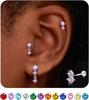 Dainty Flat Back Studs & Dangle Earrings - Hypoallergenic 18G Sets for Multiple Piercing - Birthstone CZ Earrings