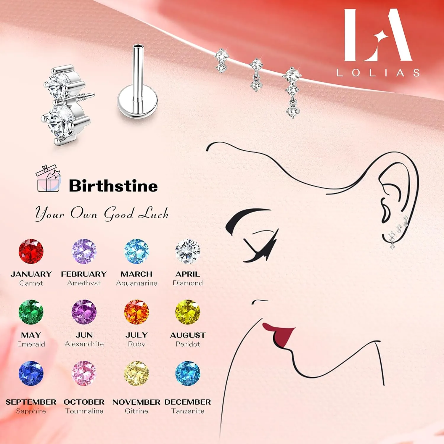 Dainty Flat Back Studs & Dangle Earrings - Hypoallergenic 18G Sets for Multiple Piercing - Birthstone CZ Earrings
