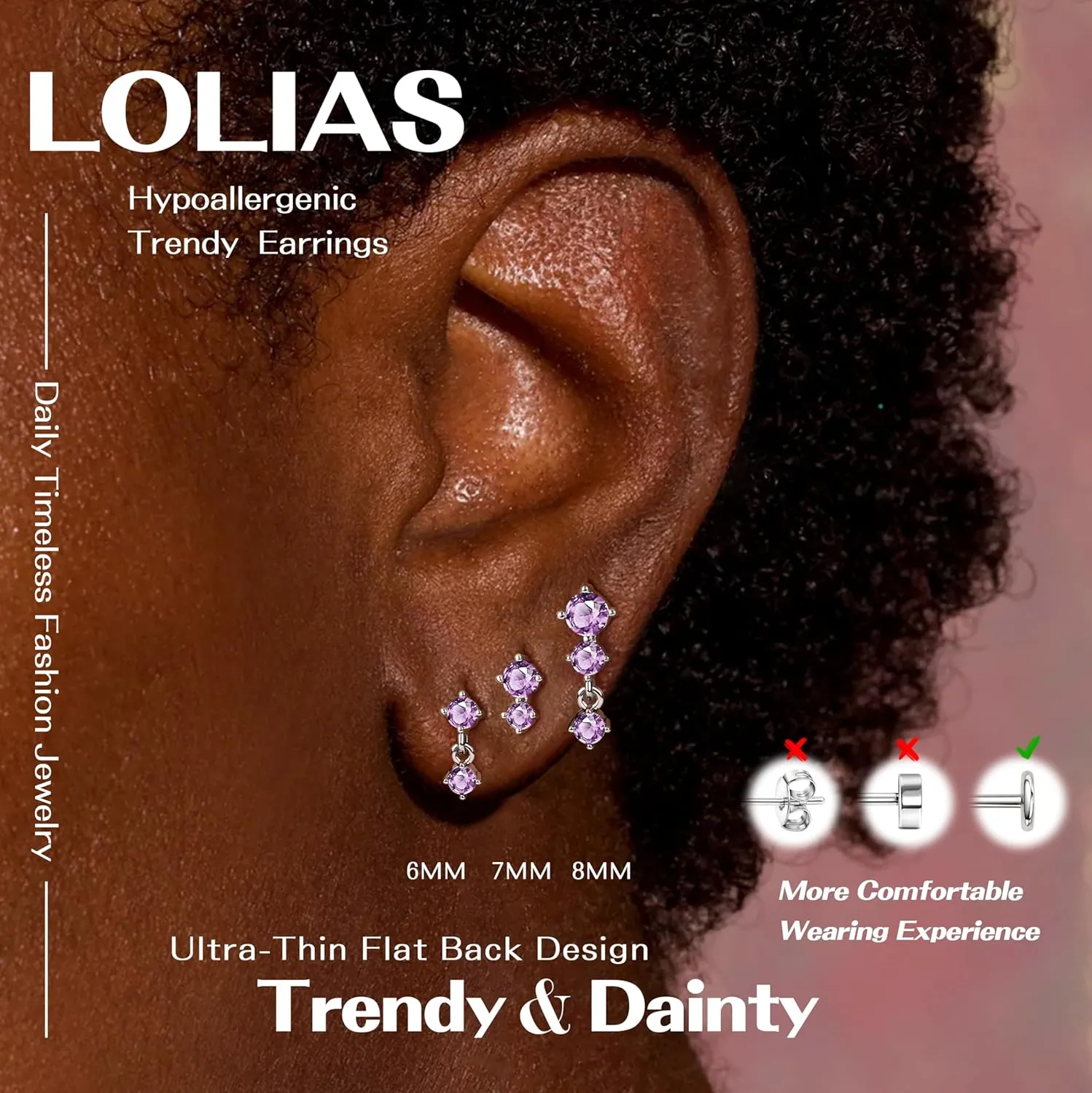 Dainty Flat Back Studs & Dangle Earrings - Hypoallergenic 18G Sets for Multiple Piercing - Birthstone CZ Earrings