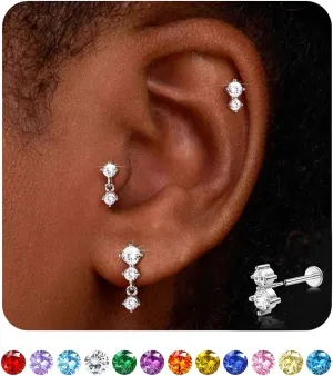 Dainty Flat Back Studs & Dangle Earrings - Hypoallergenic 18G Sets for Multiple Piercing - Birthstone CZ Earrings