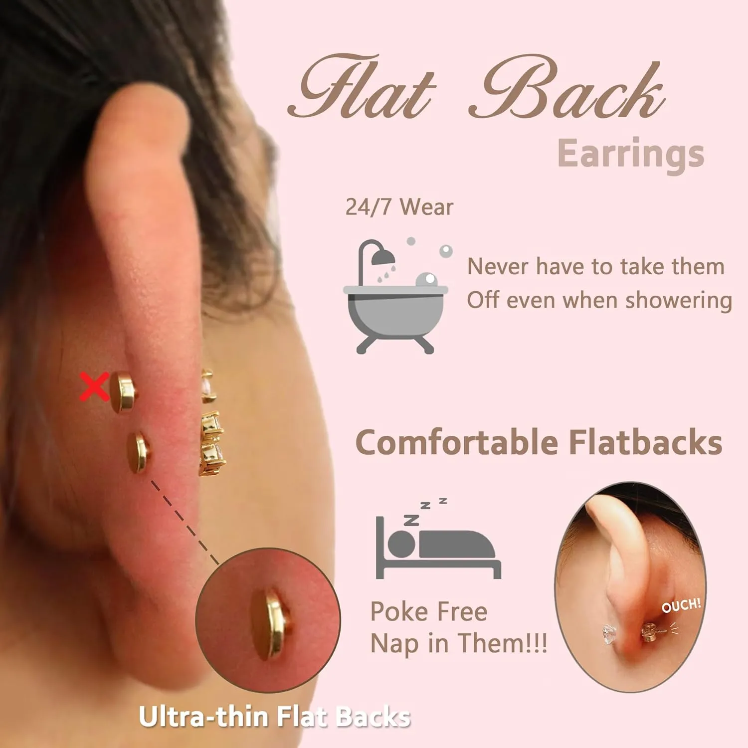 Dainty Flat Back Studs & Dangle Earrings - Hypoallergenic 18G Sets for Multiple Piercing - Birthstone CZ Earrings