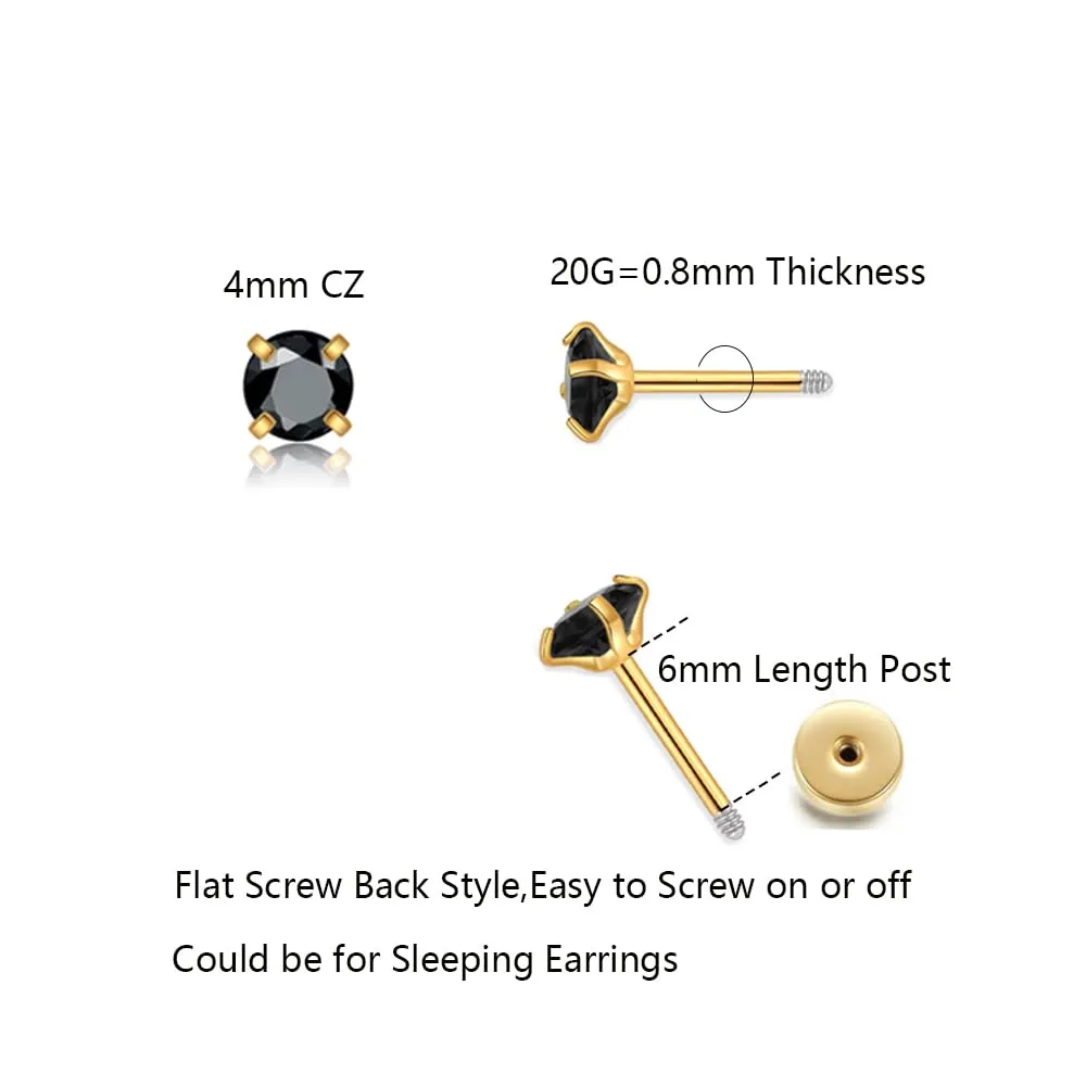 Dainty Flat Screw Back CZ Stud Earrings for Women,Small Cubic Zirconia Flatback Cartilage Earring Stud,Helix Conch Tragus Piercing Jewelry,Tiny Cubic Zirconia Studs Hypoallergenic (4mm Gold, Black CZ)