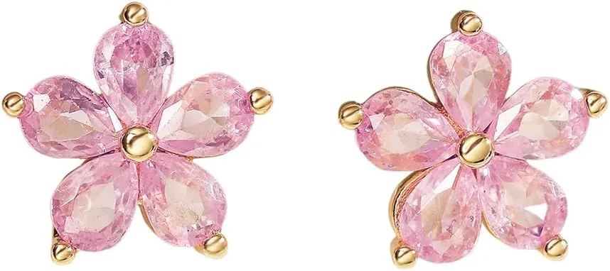 Dainty Pink CZ Flower Stud Earrings for Women Cute Sparkly Crystal Floral 18k Gold Plated Hypoallergenic Cartilage Sensitive Ear Fashion Wedding Party Prom Costume Jewelry for Daughter Her