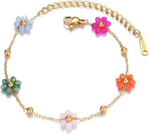 Daisy Flower Bracelet for Women 18K Gold Plated Stainless Steel Colorful Flowers Link Chain Bracelets Boho Beach Summer Jewelry