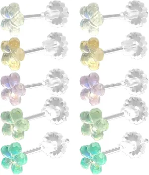 DaKuan 5 Pairs Coloured Earrings, 5 Colours Plastic, Sensitive Ears, Clear, Soft Rubber Back