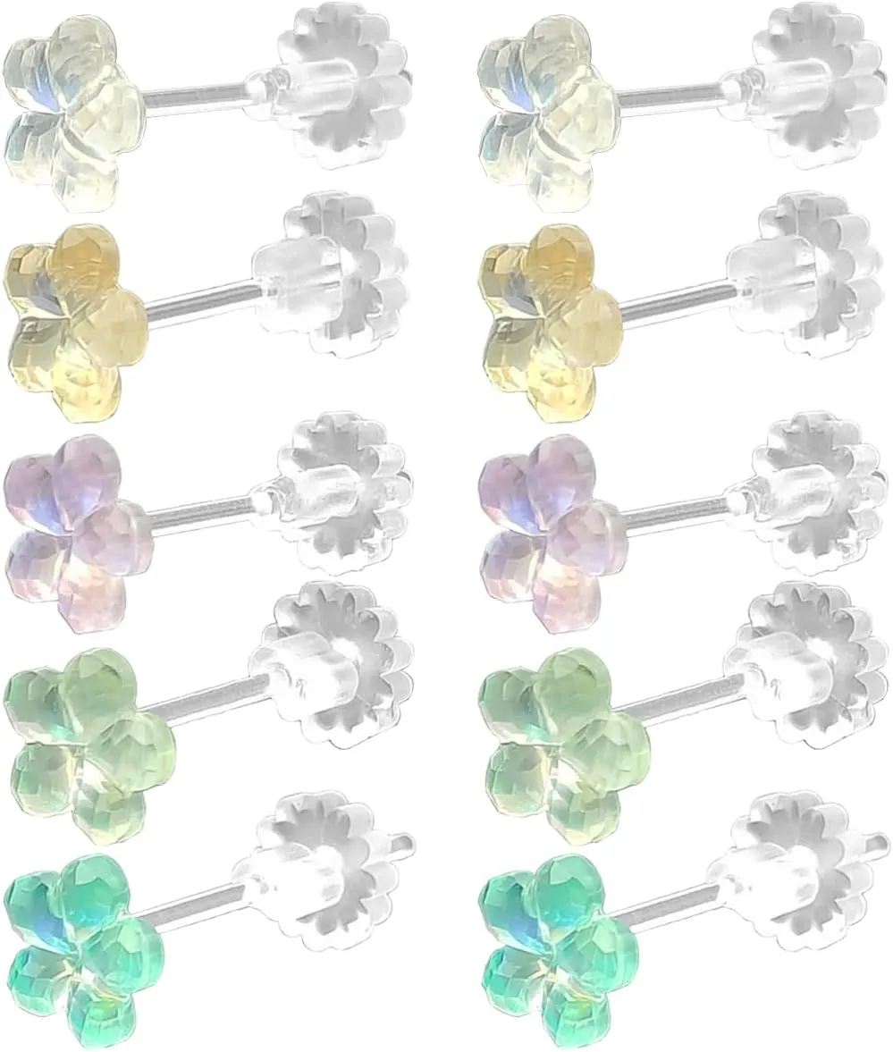 DaKuan 5 Pairs Coloured Earrings, 5 Colours Plastic, Sensitive Ears, Clear, Soft Rubber Back