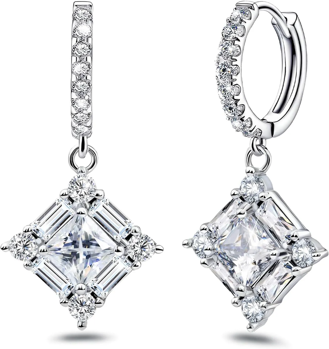 Dangle Hoop Earrings for Women Sterling Silver Cubic Zirconia Square Huggie Hoop Earrings with Cz Charm Bridal Wedding Sparkling Crystal Jewelry for Women Mother's Day Gifts for Mom Daughter Wife
