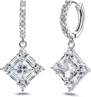 Dangle Hoop Earrings for Women Sterling Silver Cubic Zirconia Square Huggie Hoop Earrings with Cz Charm Bridal Wedding Sparkling Crystal Jewelry for Women Mother's Day Gifts for Mom Daughter Wife