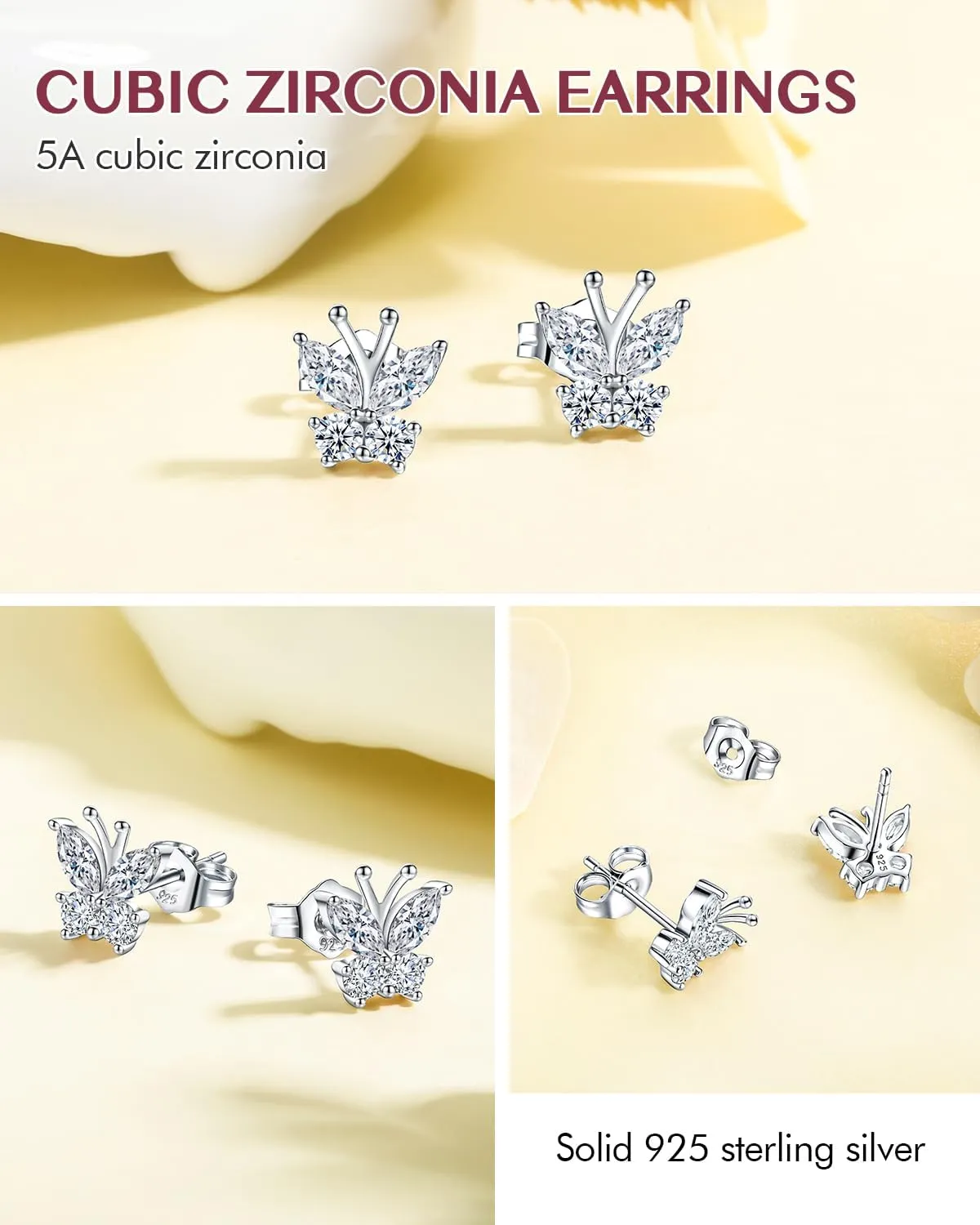 DAYBYDAY Butterfly Earrings 925 Sterling Silver Birthstone Earrings, Dainty Small Butterfly Stud Earrings for Women Birthstone Jewelry