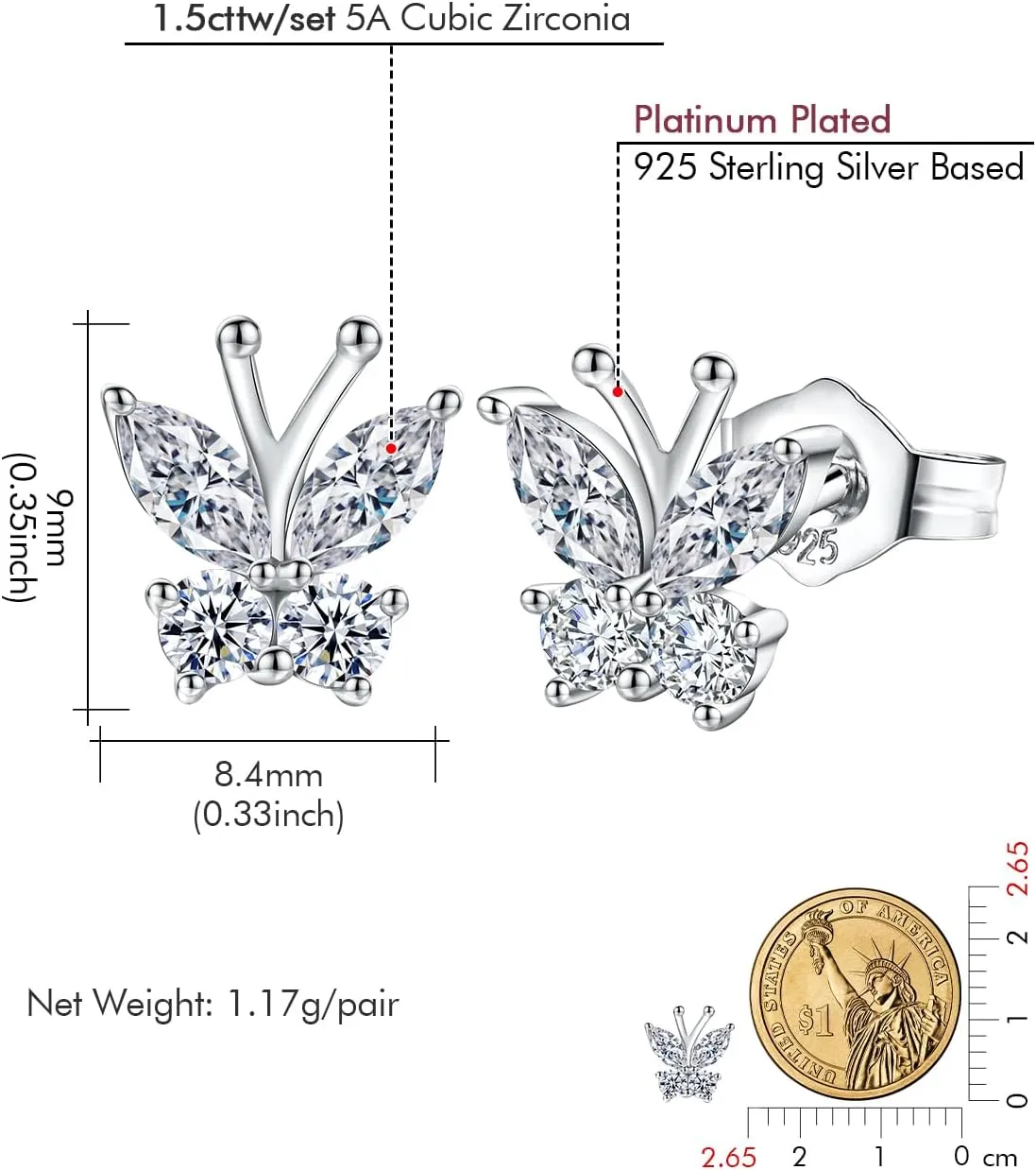 DAYBYDAY Butterfly Earrings 925 Sterling Silver Birthstone Earrings, Dainty Small Butterfly Stud Earrings for Women Birthstone Jewelry