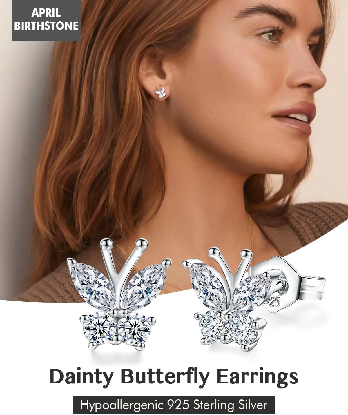 DAYBYDAY Butterfly Earrings 925 Sterling Silver Birthstone Earrings, Dainty Small Butterfly Stud Earrings for Women Birthstone Jewelry