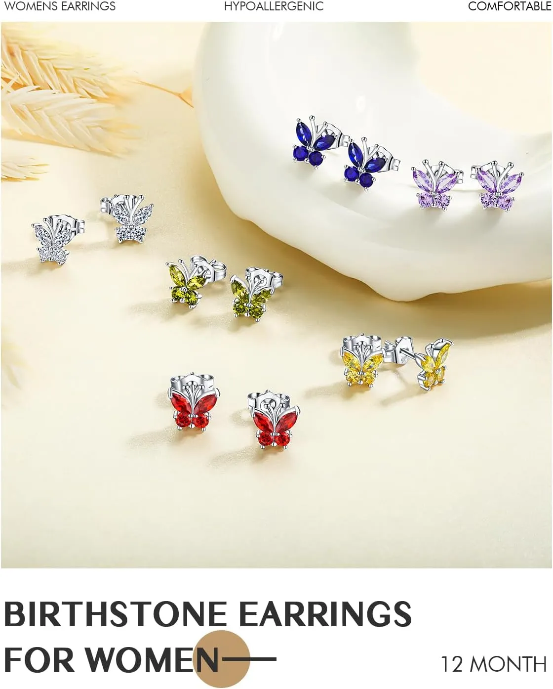 DAYBYDAY Butterfly Earrings 925 Sterling Silver Birthstone Earrings, Dainty Small Butterfly Stud Earrings for Women Birthstone Jewelry