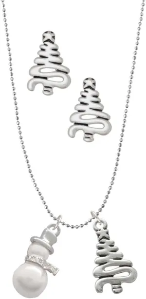 Delight Jewelry Silvertone Imitation Pearl Snowman Silvertone Zig Zag Christmas Tree Charm Necklace and Stud Earrings