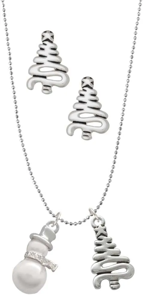 Delight Jewelry Silvertone Imitation Pearl Snowman Silvertone Zig Zag Christmas Tree Charm Necklace and Stud Earrings