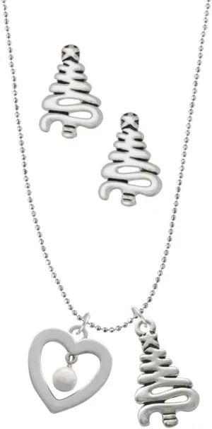 Delight Jewelry Silvertone Open heart with Imitation Pearl Drop Silvertone Zig Zag Christmas Tree Charm Necklace and Stud Earrings