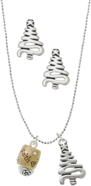 Delight Jewelry Two-tone Love Hope Faith Believe Spinner Silvertone Zig Zag Christmas Tree Charm Necklace and Stud Earrings
