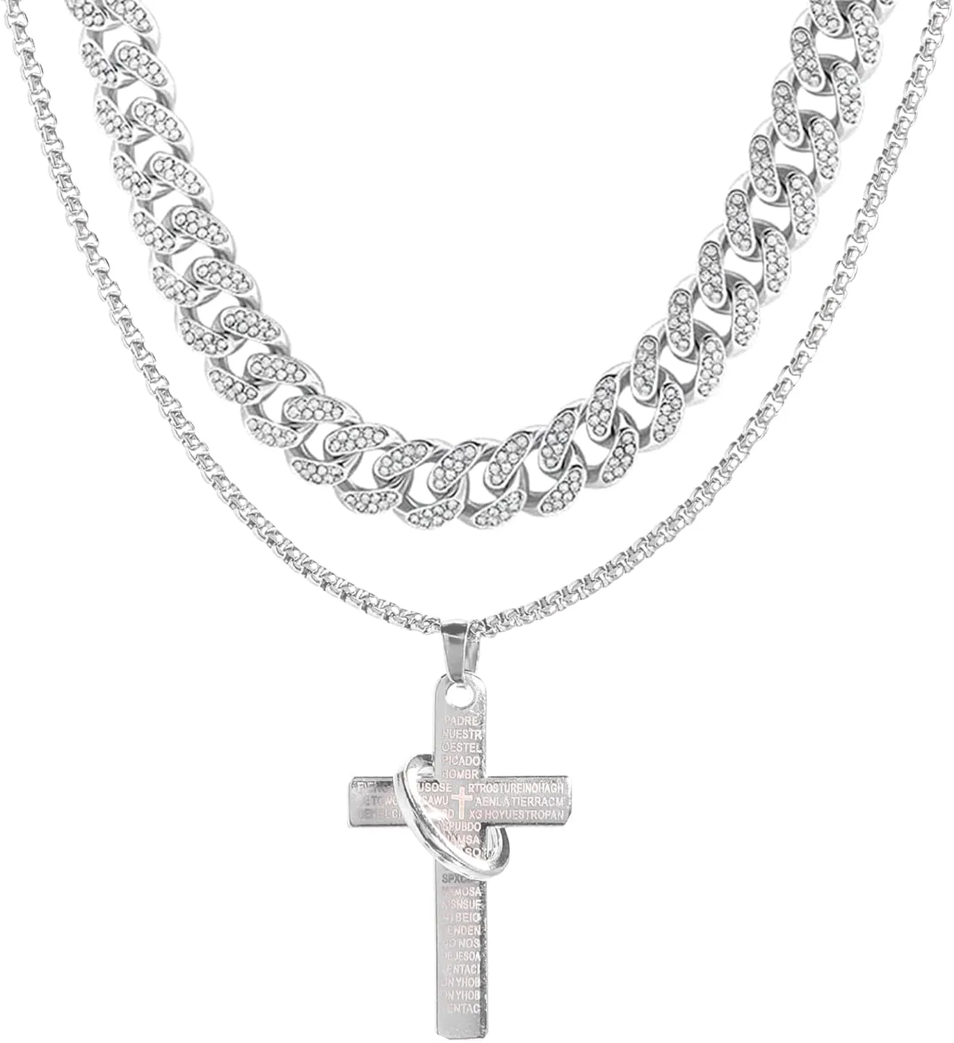 Diamond Cuban Link Chain for Men Rope Chain Stainless Steel Twist Chain Necklace for Men Cross Necklace Christian Jewelry Christmas Gifts