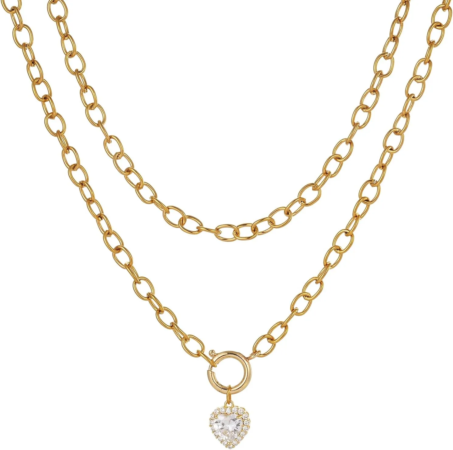 Diamond Pendant for Women,Gold Heart Choker Necklace Cuban Link Chain Paperclip Chain Chunky Necklace CZ Heart Pendant Punk Statement Summer Necklace Fashion