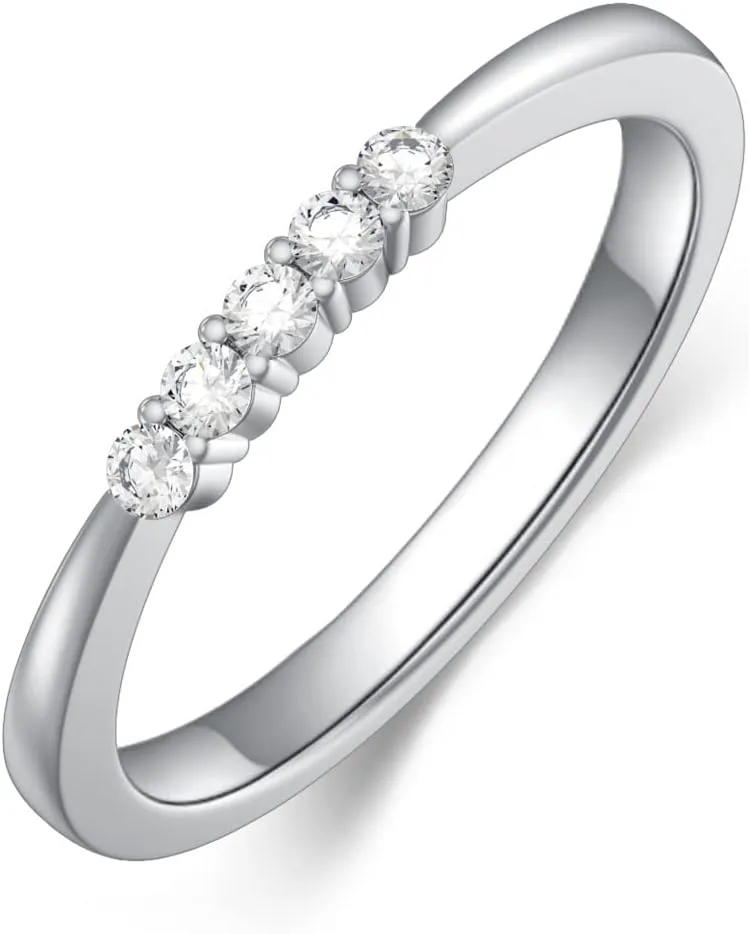 Diamond Rings for Women 925 Sterling Silver 5-Stone Round Cut 1/8 CT Diamond Simple Stackable Wedding Band Rings for Her Ladies Engagement (D Color,VVS Clarity)