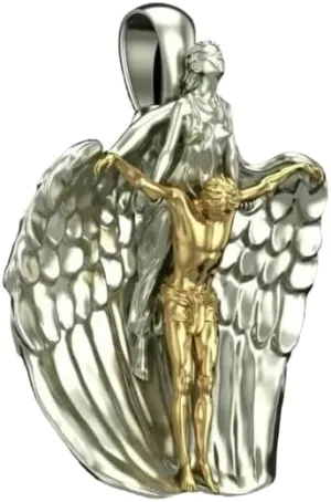 DJ || Sterling Silver 14K Two Tone Gold Plated Men's Religious Charm Angel Jesus Pendant For Him 925 Sterling Silver 18"