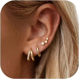 Dochais Dainty Hoop Huggie Earrings Set Cartilage Earring 14K Gold Filled Earring Sets for Multiple Piercing Hypoallergenic Dangle Huggie Hoop Flat Back Earrings Stacks Gold Jewelry for Women