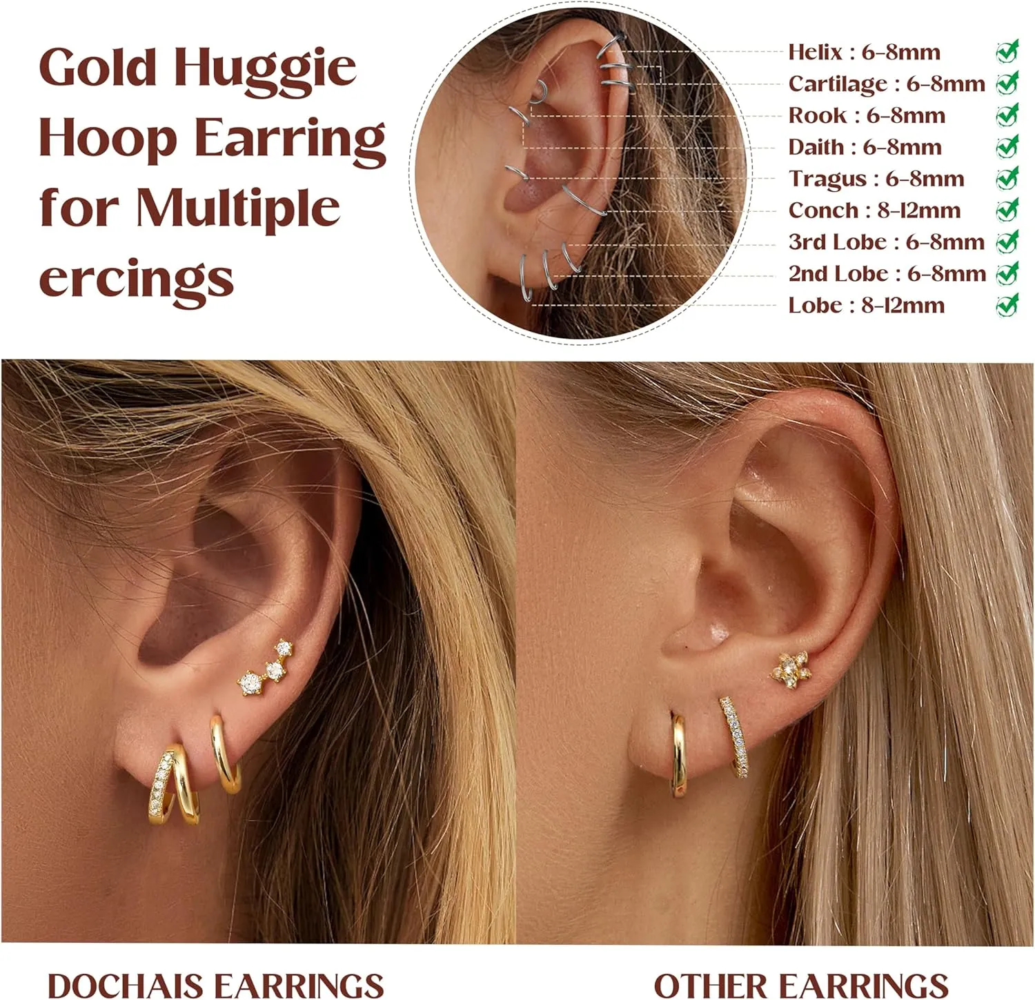 Dochais Dainty Hoop Huggie Earrings Set Cartilage Earring 14K Gold Filled Earring Sets for Multiple Piercing Hypoallergenic Dangle Huggie Hoop Flat Back Earrings Stacks Gold Jewelry for Women