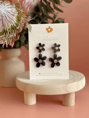 Double Daisy Dangles | Black   Gold Sparkle