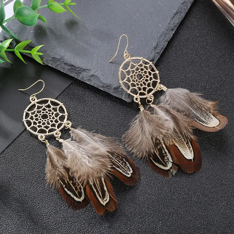 Dream Catcher Boho Feather Earrings Vintage Ethnic Statement Hanging Bohemian Long Tassel Earrings Women Lady 2022 Trend Jewelry