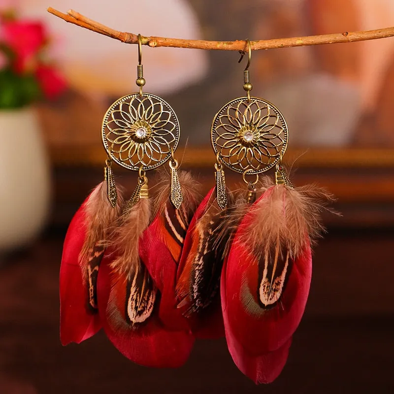 Dream Catcher Boho Feather Earrings Vintage Ethnic Statement Hanging Bohemian Long Tassel Earrings Women Lady 2022 Trend Jewelry