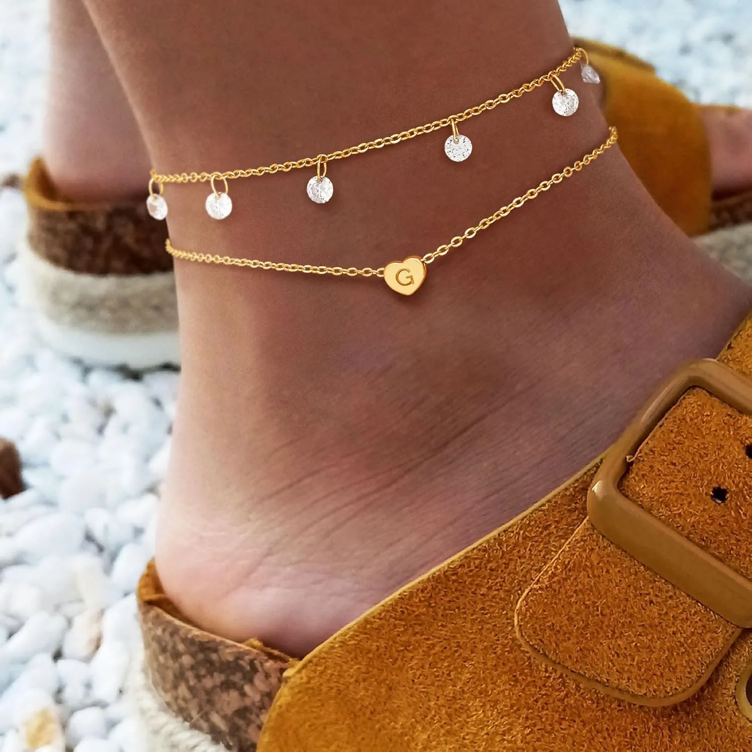 Dremmy Studios Simple Gold Chain Anklet,14k Gold/Silver Plated Dainty Disc Evil Eye Summer Beach Ankle Bracelet Jewelry for Women