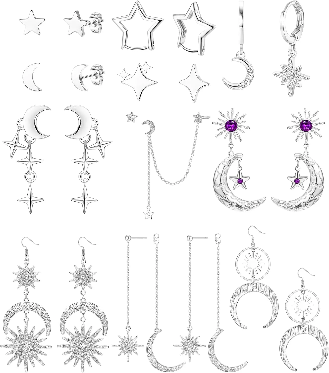 Drperfect 11 Pairs Star And Moon Earrings For Women Sun And Moon Celestial Earrings Hypoallergetic Y2k Starburst Crescent Space Huggie Hoop Stud Dangle Earring Set Gold Silver