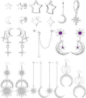 Drperfect 11 Pairs Star And Moon Earrings For Women Sun And Moon Celestial Earrings Hypoallergetic Y2k Starburst Crescent Space Huggie Hoop Stud Dangle Earring Set Gold Silver