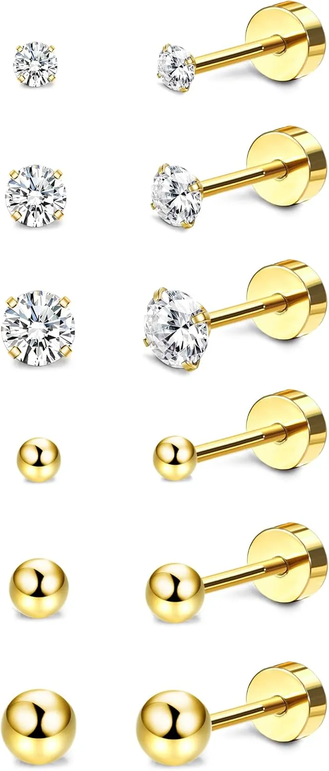 Drperfect Titanium Cubic Zirconia Ball Flat Back Earrings for Women Men Hypoallergenic, Small Tiny Gold Stud Earrings, Screw Back Earrings, 20G Cartilage Earrings, Helix Piercing Jewelry