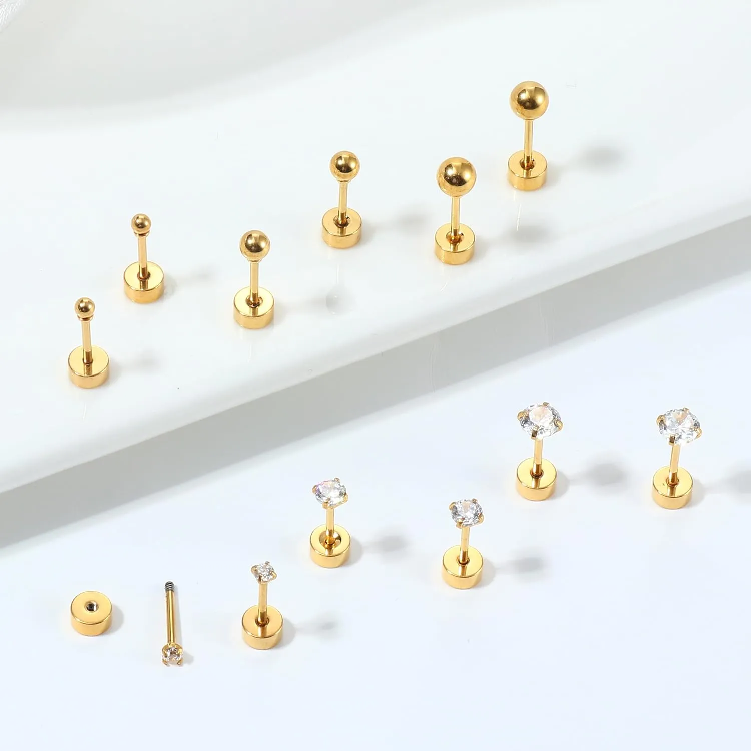 Drperfect Titanium Cubic Zirconia Ball Flat Back Earrings for Women Men Hypoallergenic, Small Tiny Gold Stud Earrings, Screw Back Earrings, 20G Cartilage Earrings, Helix Piercing Jewelry
