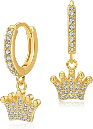 DS Crown Huggie hoop earrings for women,14K Gold Plated Dainty Minimalist Drop Dangle Pierced cartilage earlobe Earrings Classic Zircon Small Hoop Earrings Jewelry Gift for Wife Mom-Gold