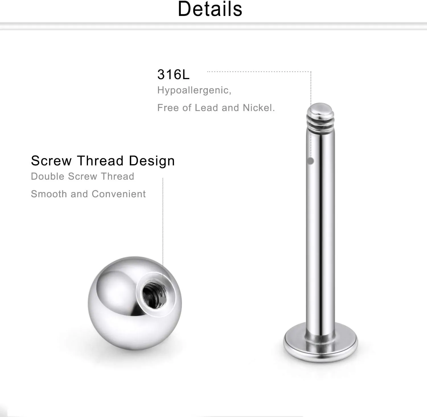 Dyknasz 15PCS 20G Stainless Steel Lip Rings Labret Studs Piercing Monroe Studs Ear Tragus Helix Cartilage Earring Jewelry 6-10mm Bar Length 5 Colors for Women Men