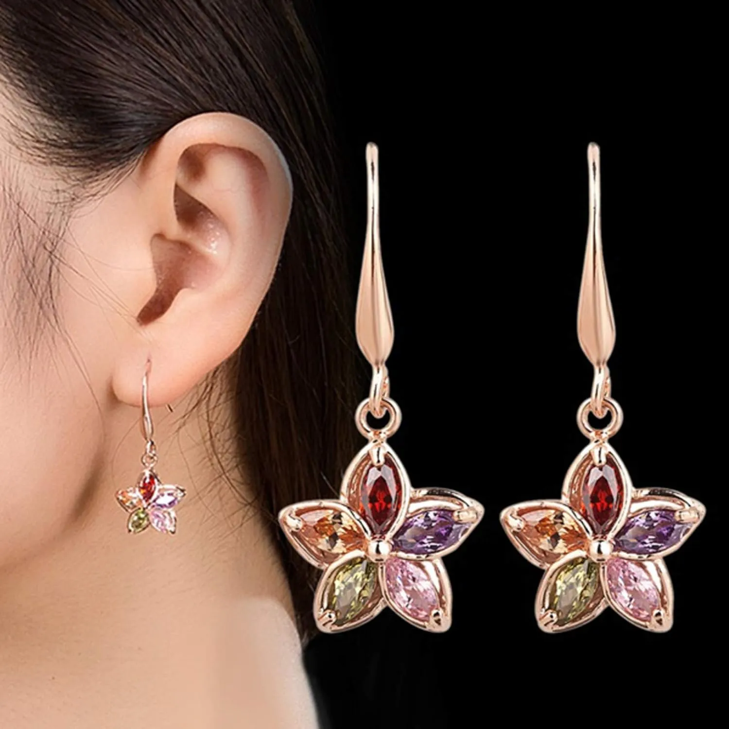 Earring Hoop Stud Drop & Dangle, Women Cubic Zirconia Flower Dangle Gold Plated Hook Earrings Wedding Jewelry for Women Teen Girls Birthday Christmas Friends Gift