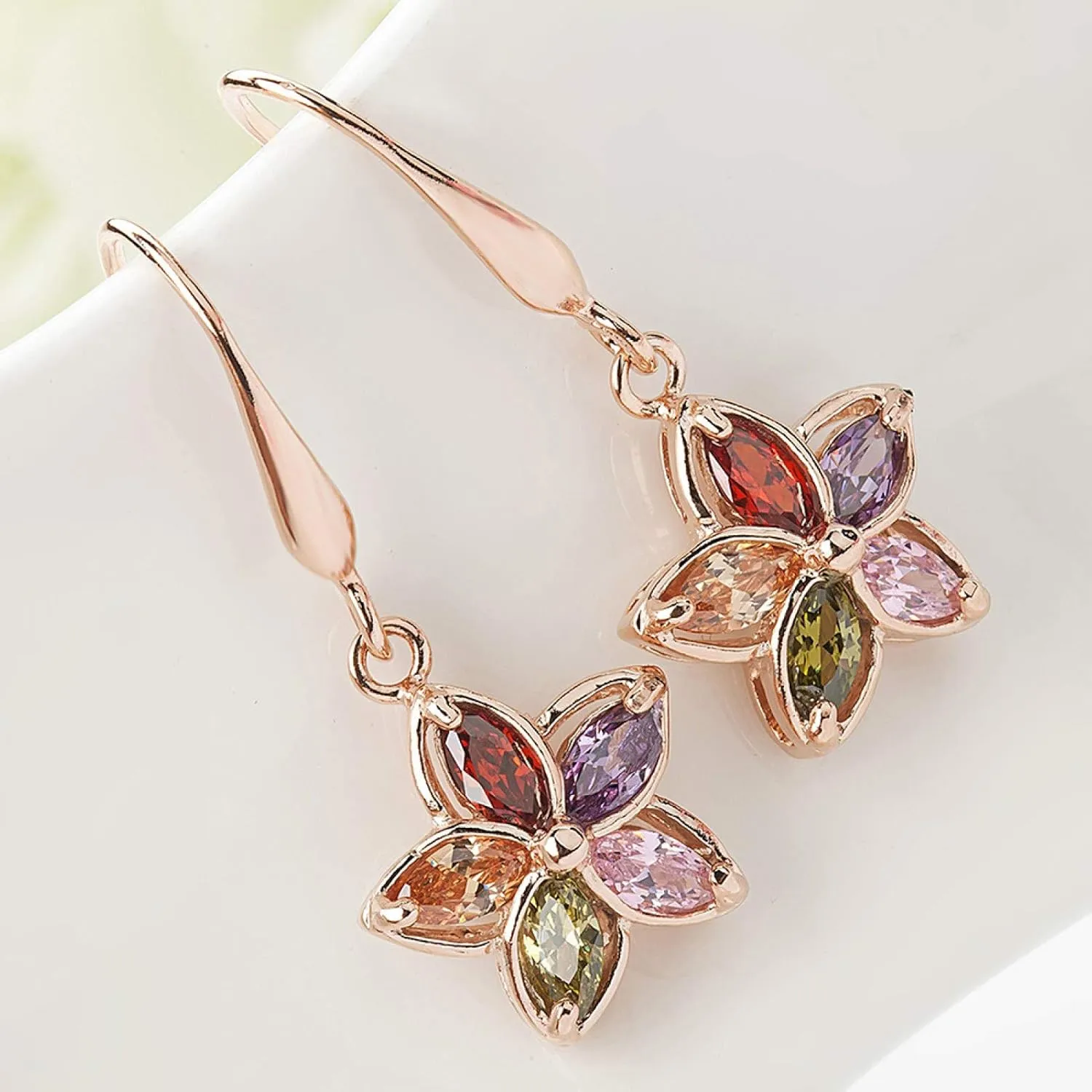 Earring Hoop Stud Drop & Dangle, Women Cubic Zirconia Flower Dangle Gold Plated Hook Earrings Wedding Jewelry for Women Teen Girls Birthday Christmas Friends Gift