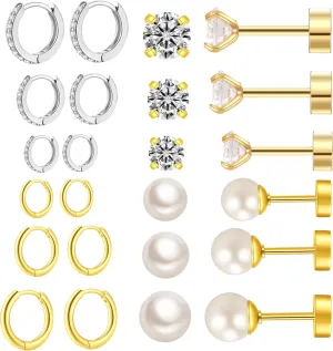 Earring Sets for Multiple Piercing: Small Gold Hoop Stud Earrings for Women Multipack Huggie Hoop Earrings Cubic Zirconia Earrings Studs for Cartilage Helix Tragus Lobe