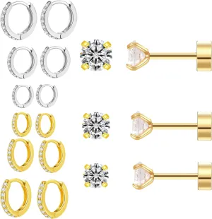 Earring Sets for Multiple Piercing: Small Gold Hoop Stud Earrings for Women Multipack Huggie Hoop Earrings Cubic Zirconia Earrings Studs for Cartilage Helix Tragus Lobe