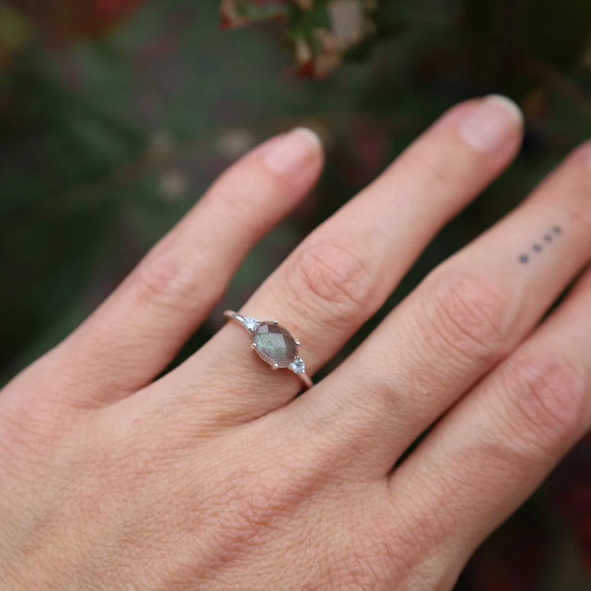 East West Prong Set Oval Rose Cut Labradorite Ring