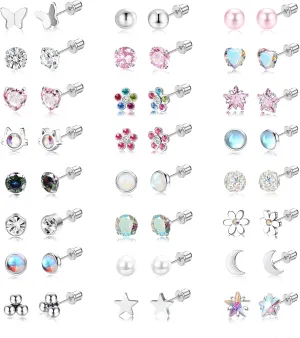 EIELO 24 Pairs Hypoallergenic Screw Back Earrings for Women Stainless Surgical Steel Cute Tiny CZ Pearl Ball Heart Flower Screwback Stud Earrings Set