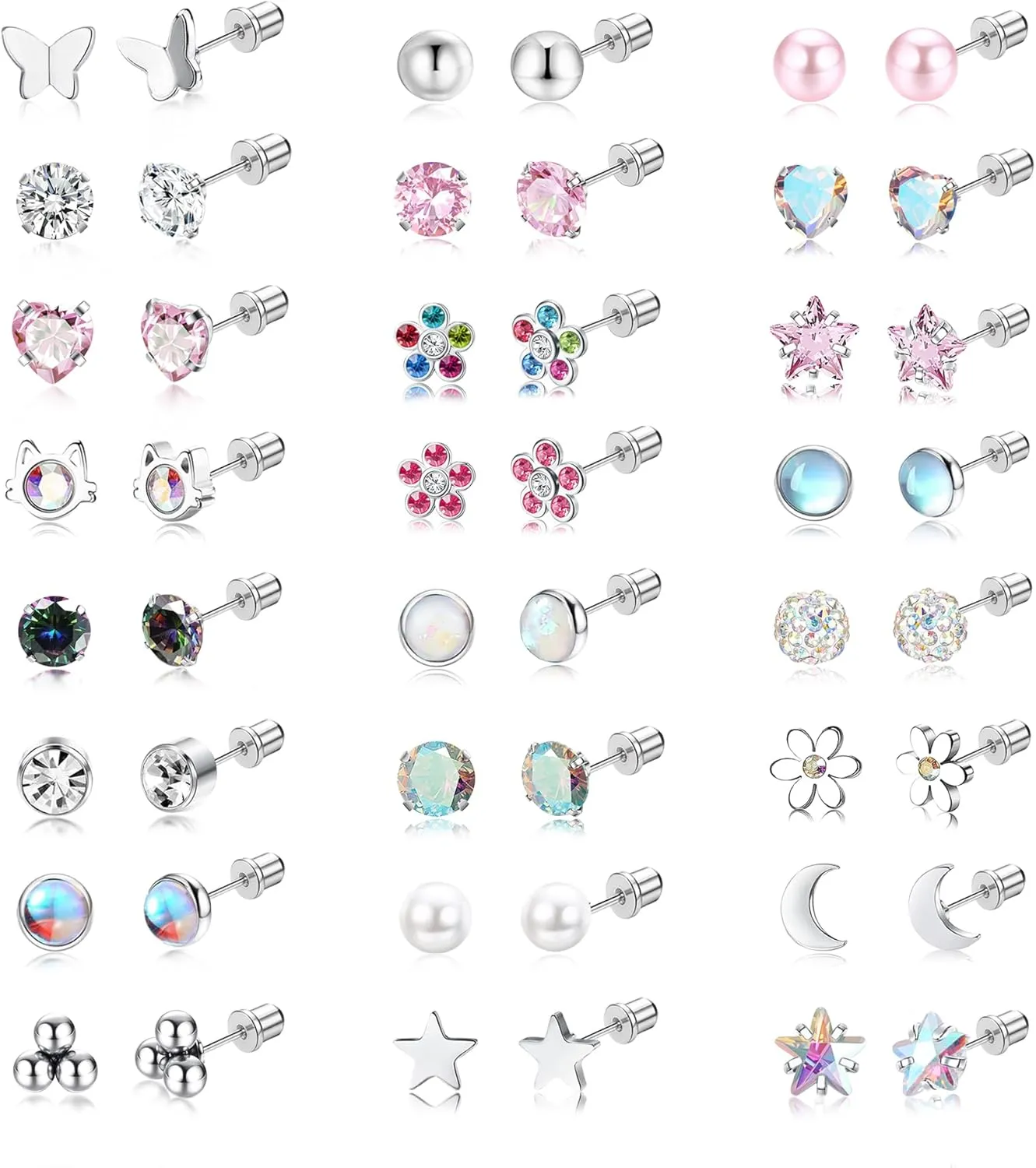 EIELO 24 Pairs Hypoallergenic Screw Back Earrings for Women Stainless Surgical Steel Cute Tiny CZ Pearl Ball Heart Flower Screwback Stud Earrings Set
