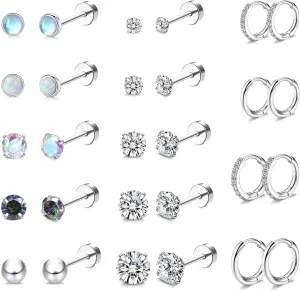EIELO Surgical Steel Earrings for Sensitive Ears Hypoallergenic 20G Stainless Steel Stud Hoop Earrings for Women Men Flat Back Cartilage Earrings 14 Pairs