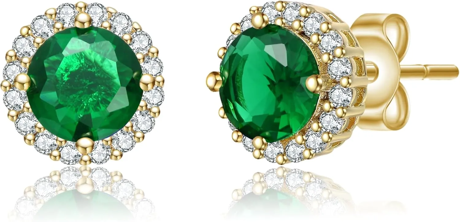 Elegant Cubic Zirconia Round Stud Earrings  Sparkling Halo Design with Heart-Cut Stone, Durable Gold Plating, Secure Butterfly Closure - Perfect for Everyday Wear or Gifting